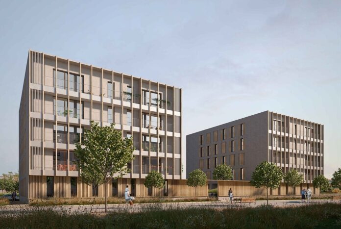 Imagen del proyecto de la primera promoción de viviendas públicas construidas íntegramente con sistemas industrializados en madera