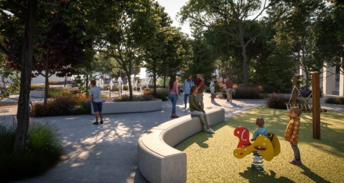 Recreación digital de la zona de juegos del proyecto de remodelación de la plaza San Cristóbal de Ciudad Pegaso
