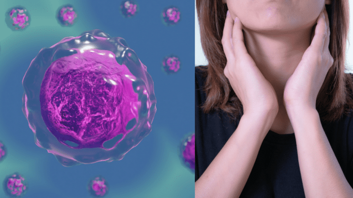 Imagen icónica de célula y persona con las manos en el cuello