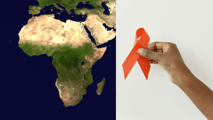 Imagen de continente africano y un lazo rojo
