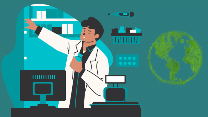 Imagen icónica de un profesional de farmacia y un globo terráqueo verde