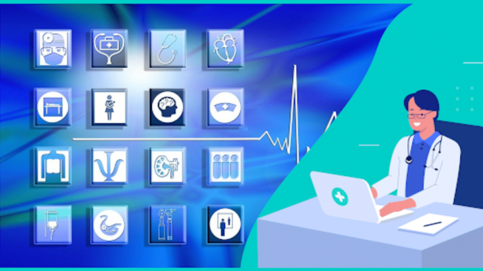 Imagen icónica de un profesional sanitario y aplicaciones digitales