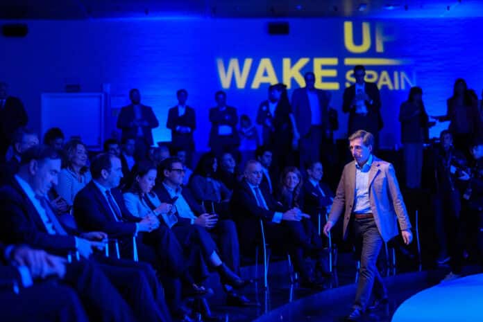 El alcalde de Madrid, José Luis Martínez-Almeida, durante su intervención en el V Foro Español Wake Up Spain, titulado “Los desafíos de España ante el nuevo orden mundial”