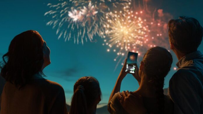 Familia de espaldas viendo fuegos artificiales de noche y pirotecnia