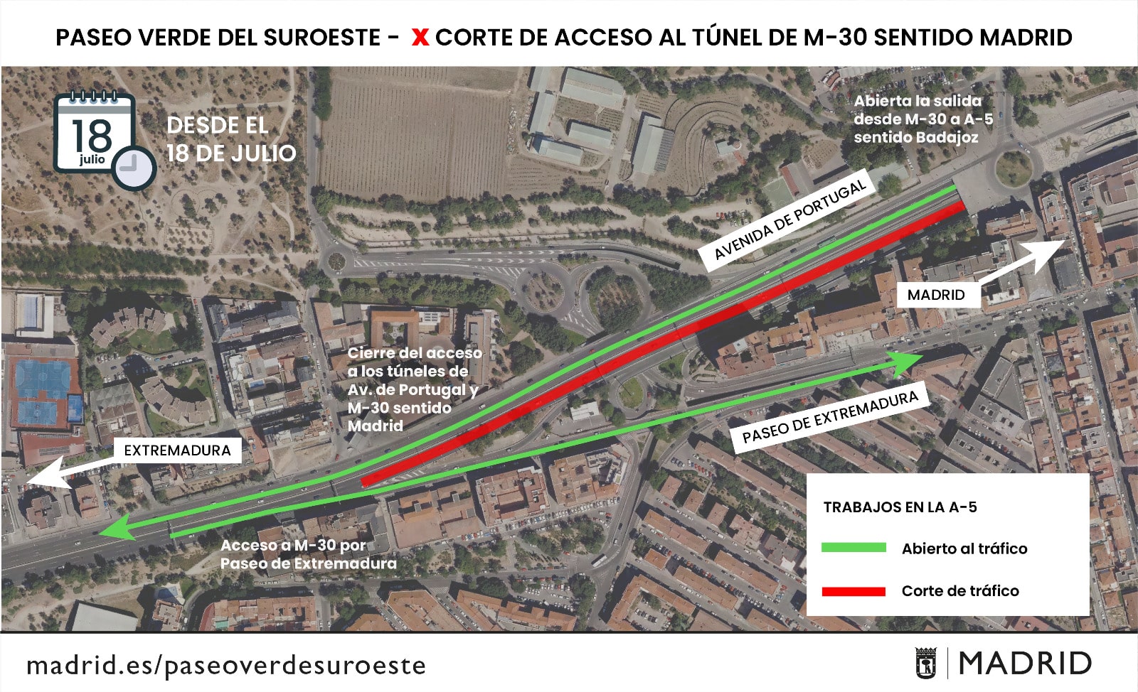 Obras en la A-5: Cierre del Túnel de la M-30 en Dirección Madrid hasta Agosto