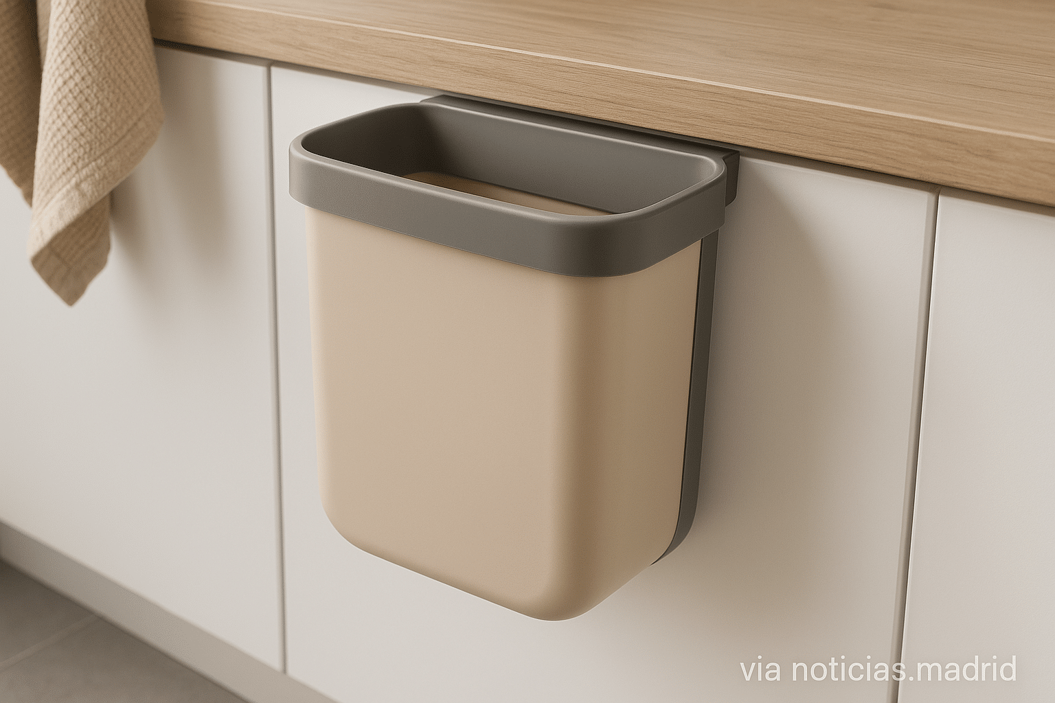 Carrefour tiene un cubo de basura colgante compacto y discreto, ideal para cocinas pequeñas