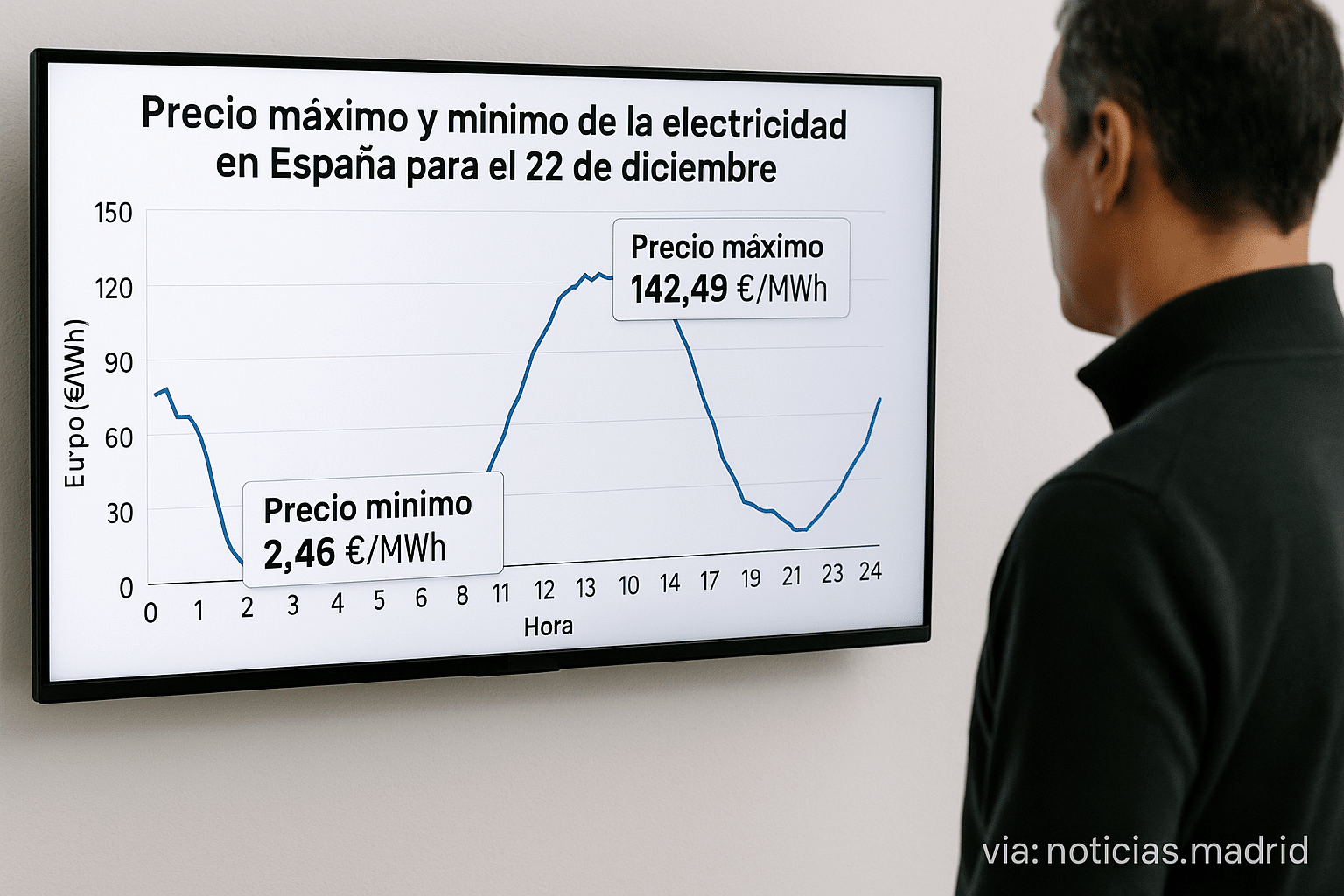 Precio máximo y mínimo de la electricidad en España para el 22 de diciembre