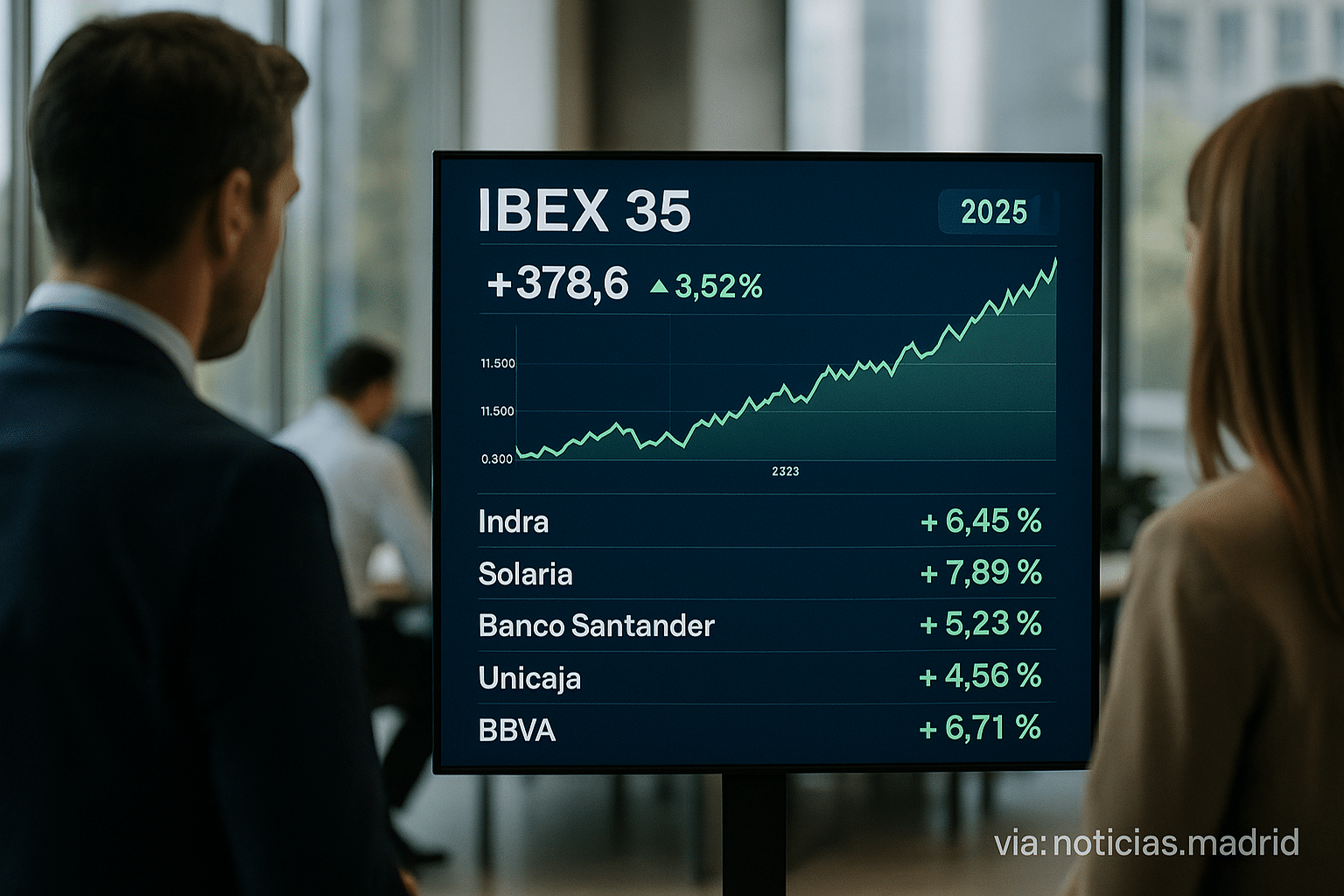 Razones del espectacular ascenso en 2025 de Indra, Solaria, Banco Santander, Unicaja y BBVA en el IBEX