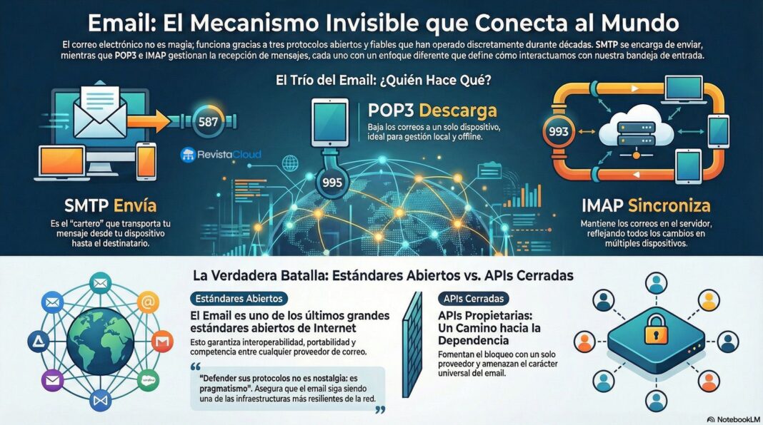 El email resiste porque es de todos: por qué SMTP, POP3 e IMAP importan más que nunca frente a las APIs cerradas 1 email protocolos infografia