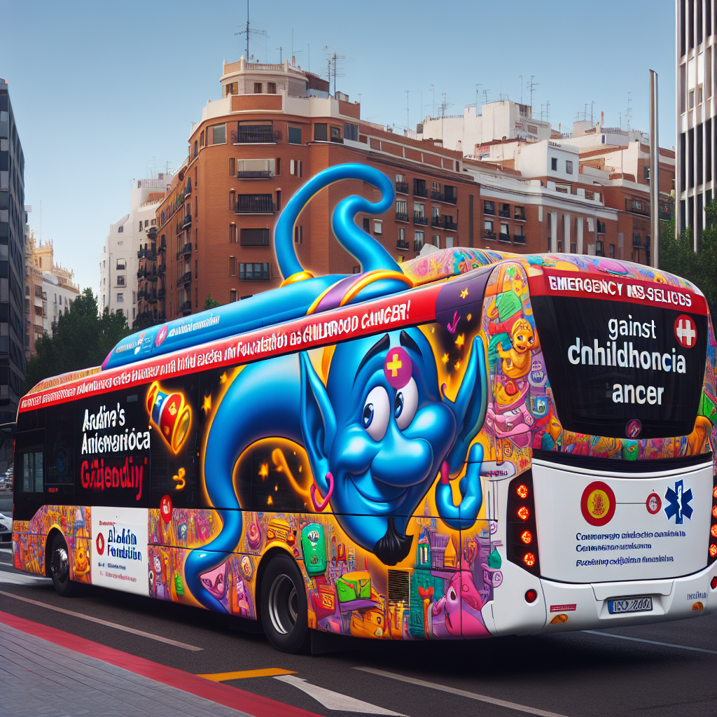EMT Madrid revela autobús vinilado en apoyo a la Fundación Aladina contra el cáncer infantil