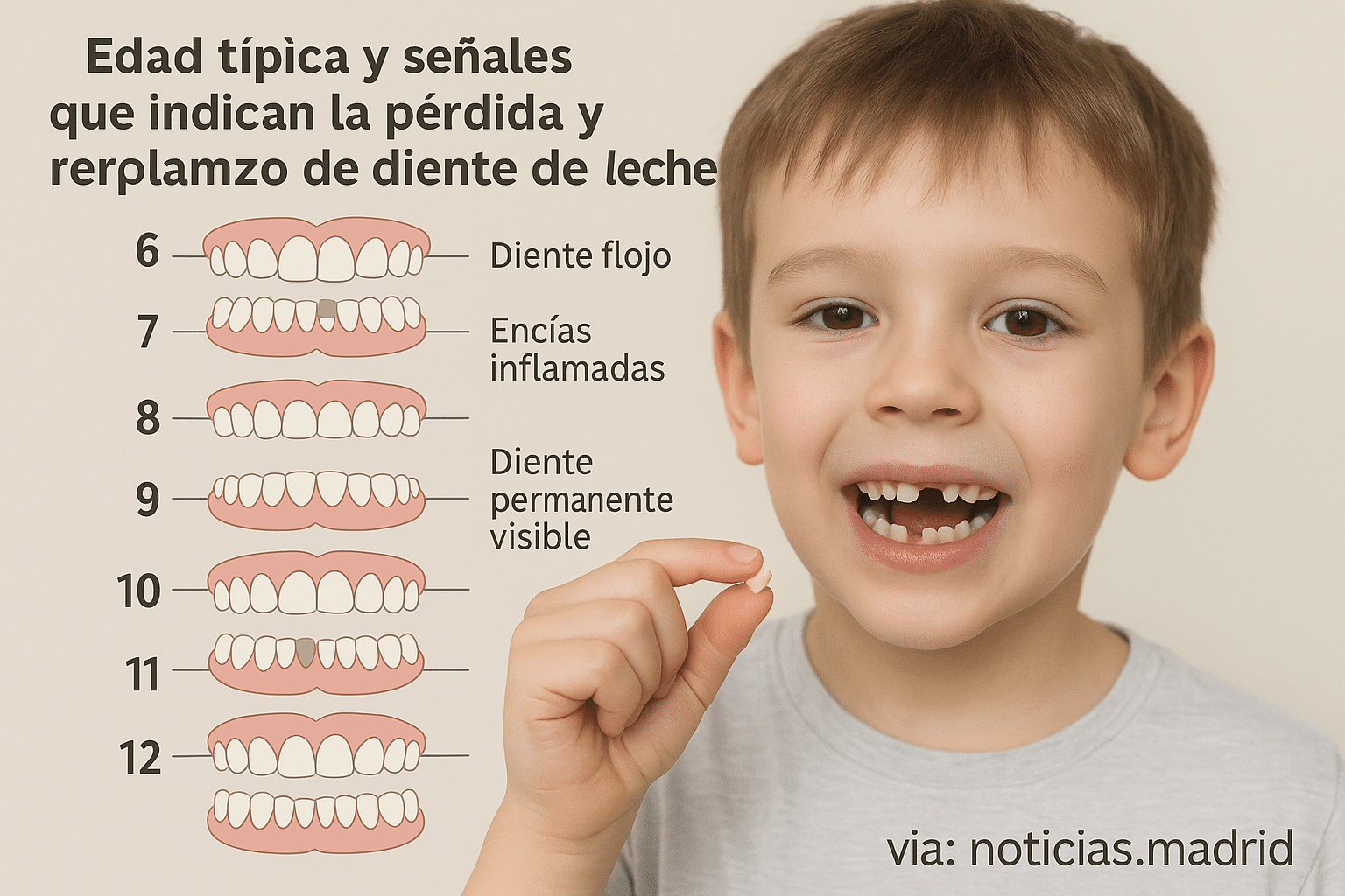 Edad típica y señales que indican la pérdida y reemplazo de los dientes de leche en niños