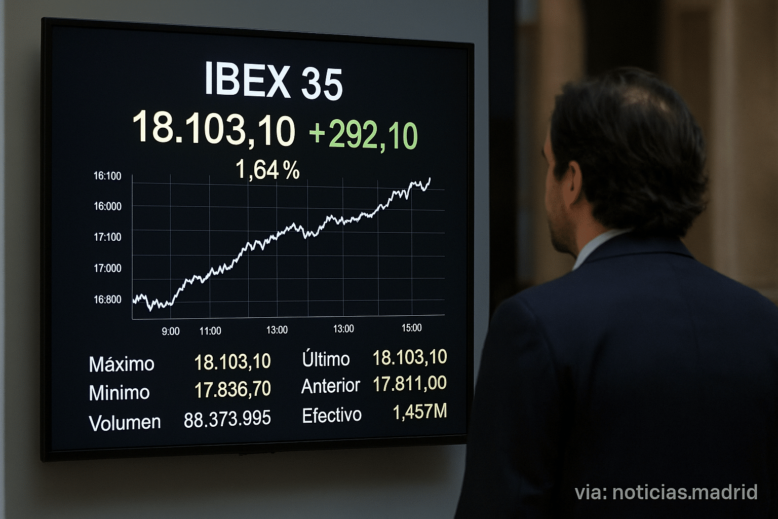 El Ibex-35 alcanza un máximo histórico de más de 18.100 puntos impulsado por banca y optimismo mundial