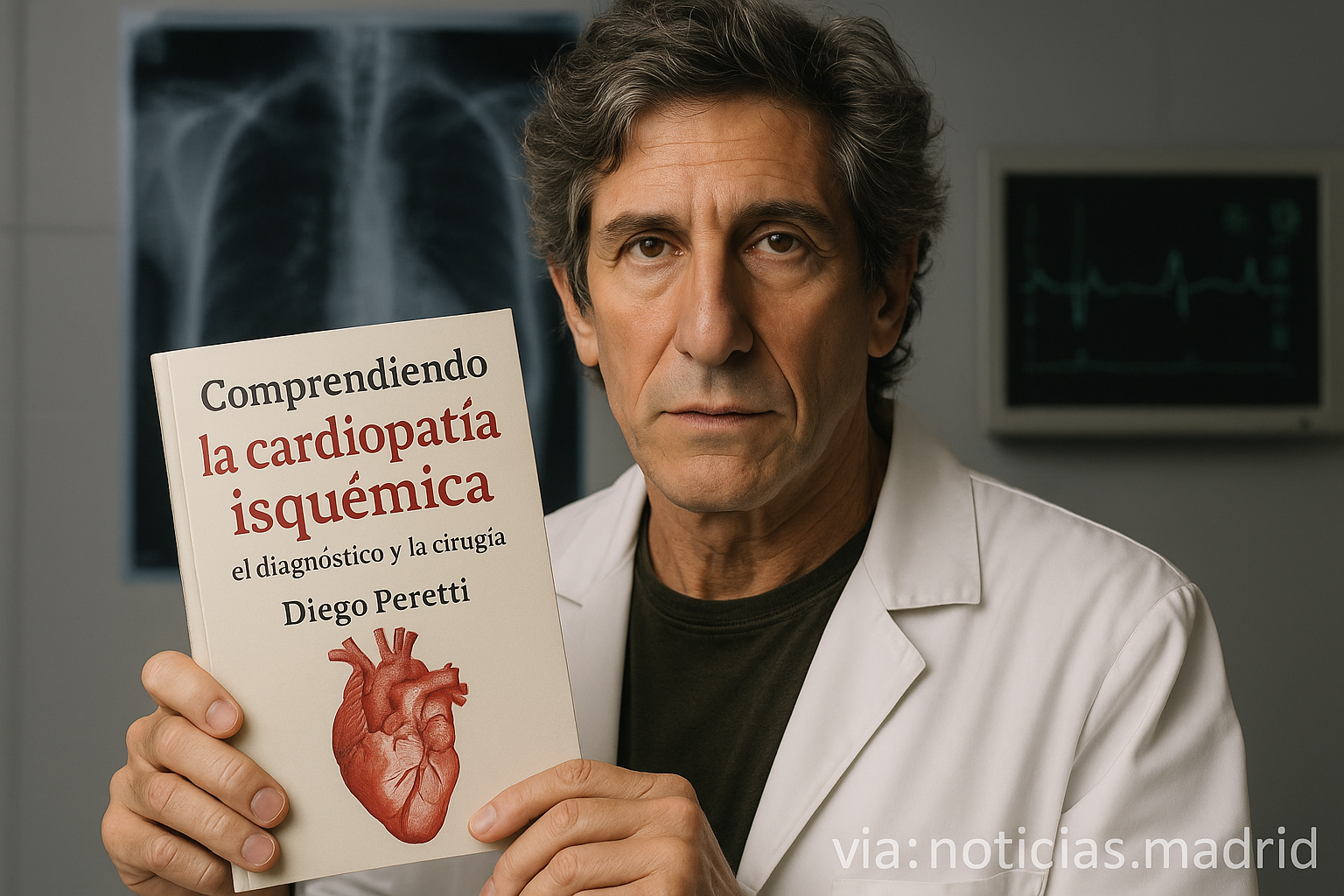 Ilustración 3D de un corazón humano dentro de un torso transparente, mostrando arterias con placas de colesterol. Gráficos de ADN y alimentos rodean el órgano.