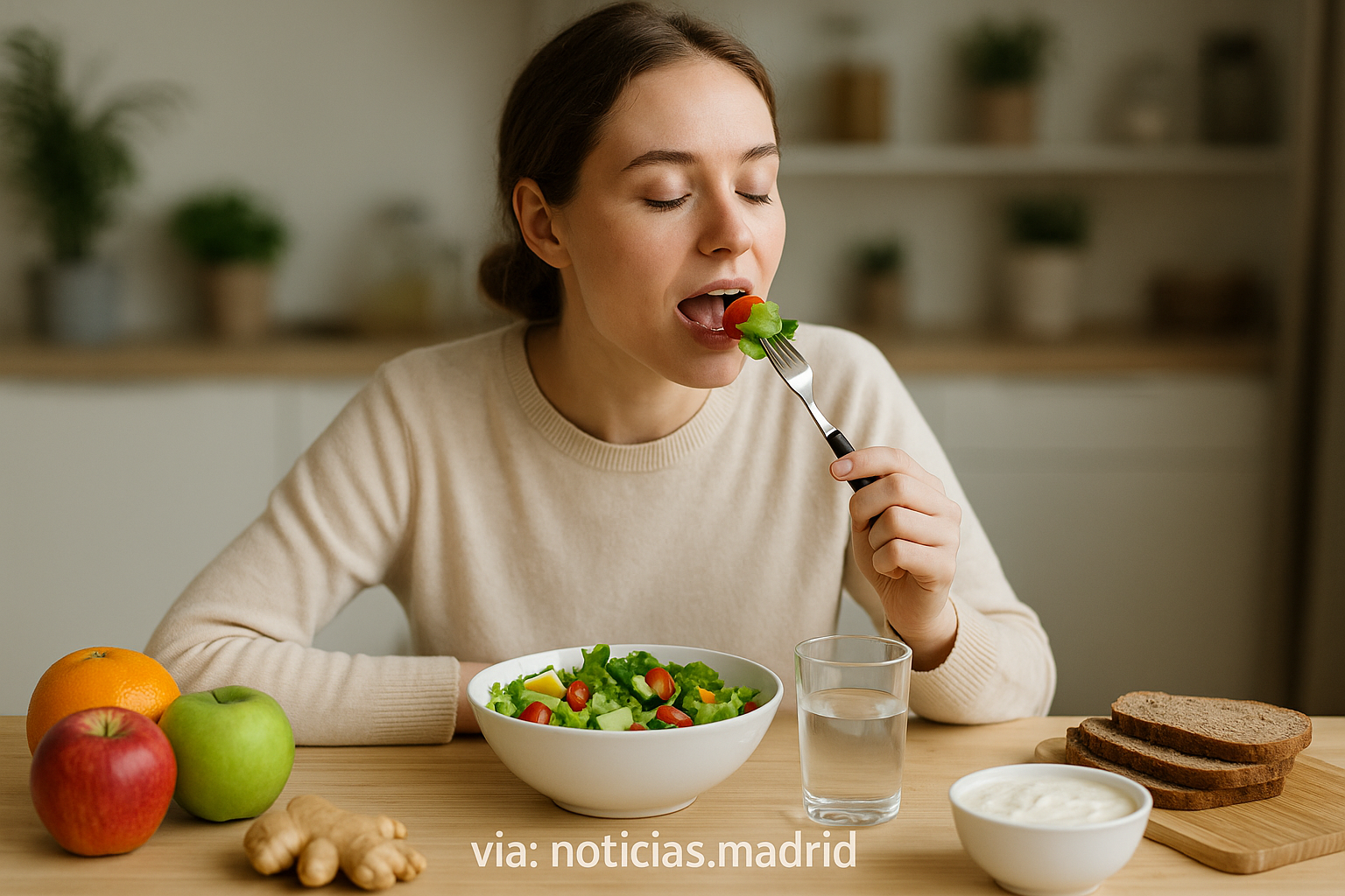 Mujer con cabello oscuro come fideos de un tazón rojo con palillos, rodeada de virus y bacterias de colores vibrantes flotando en el aire.