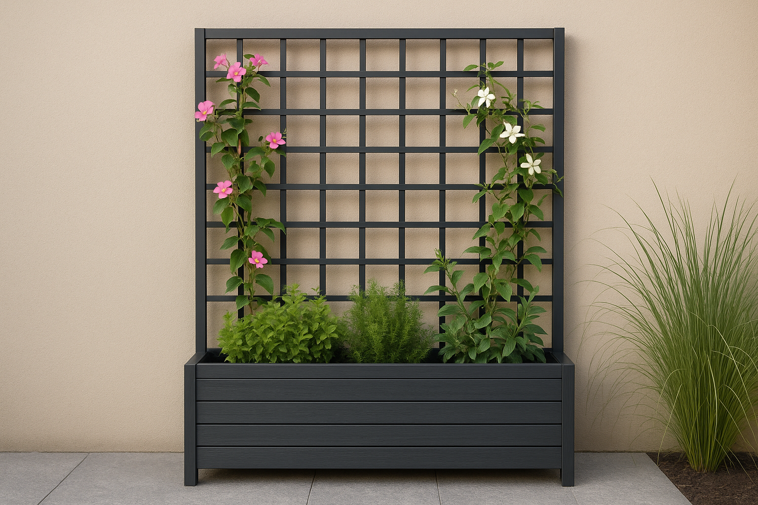una jardinera con celosía de diseño moderno, ideal para plantas trepadoras
