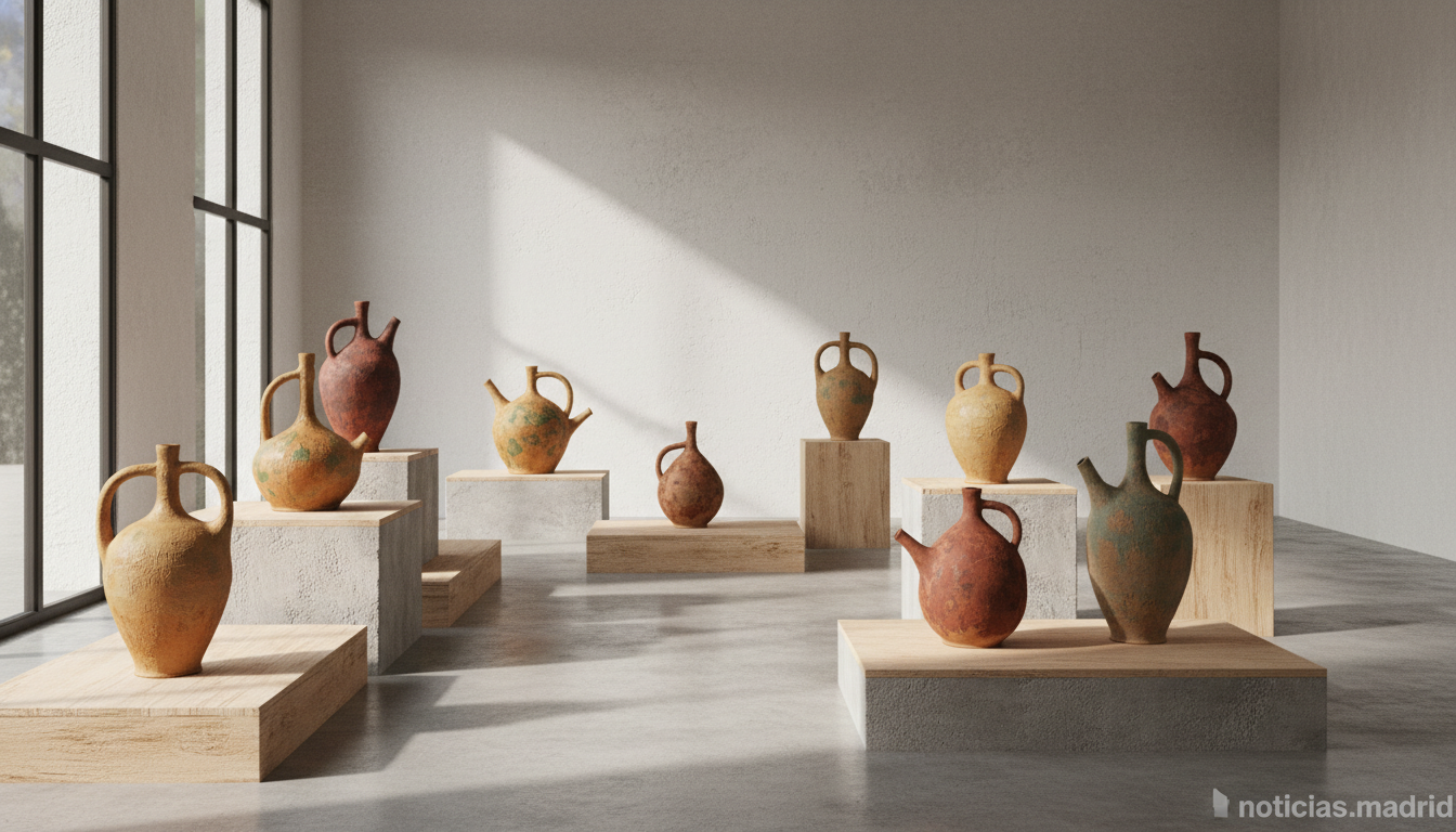 A display of handmade ceramic botijos in a contemporary art gallery space, warm terracotta and earth tones, natural lighti...