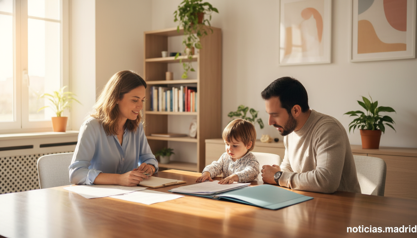 A social worker in a bright modern office reviewing documents with a parent and young child across the table, warm natural...