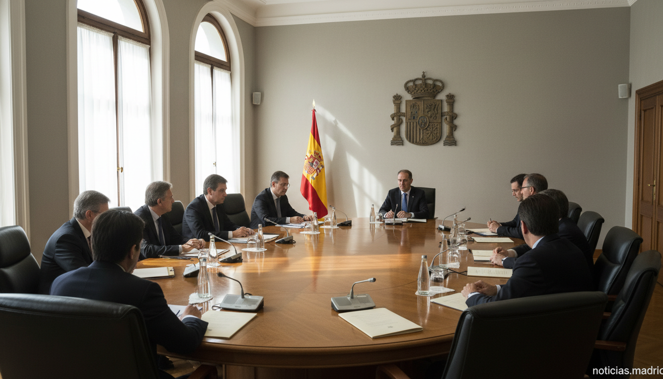 Editorial photograph of a formal meeting room inside a Spanish ministerial building. A large oval wooden table with closed...