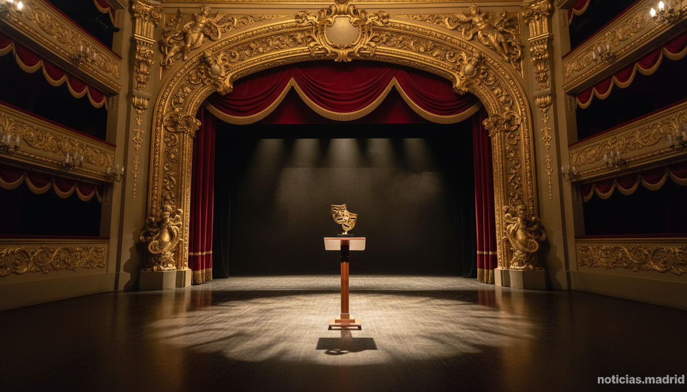 Editorial photograph of a Madrid theatre stage during a prestigious performing arts awards ceremony. Empty stage with dram...