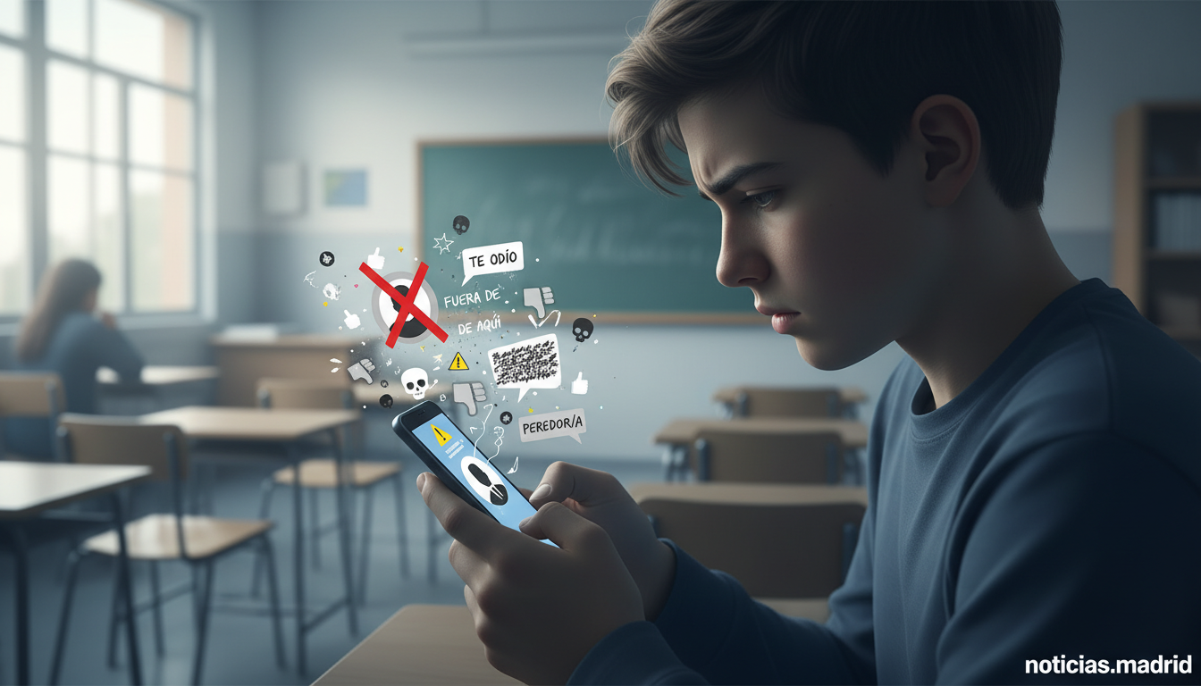Estudiante adolescente preocupado mirando un móvil con señales de ciberacoso en un aula