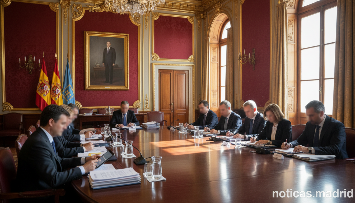 Official government meeting room in Madrid city hall. Around a formal meeting table, government officials reviewing docume...