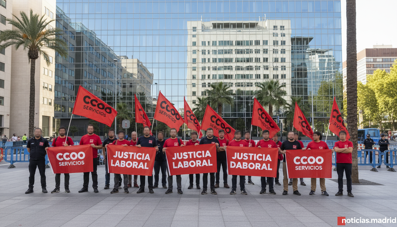 Editorial news photograph: a group of about twenty CCOO Servicios union delegates and workers gathered outside a corporate...