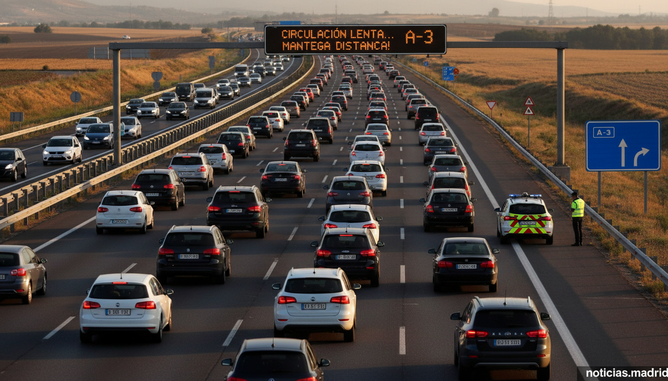 Editorial photograph of a busy Spanish highway during a long weekend exodus near Madrid at golden hour. Multiple lanes fil...