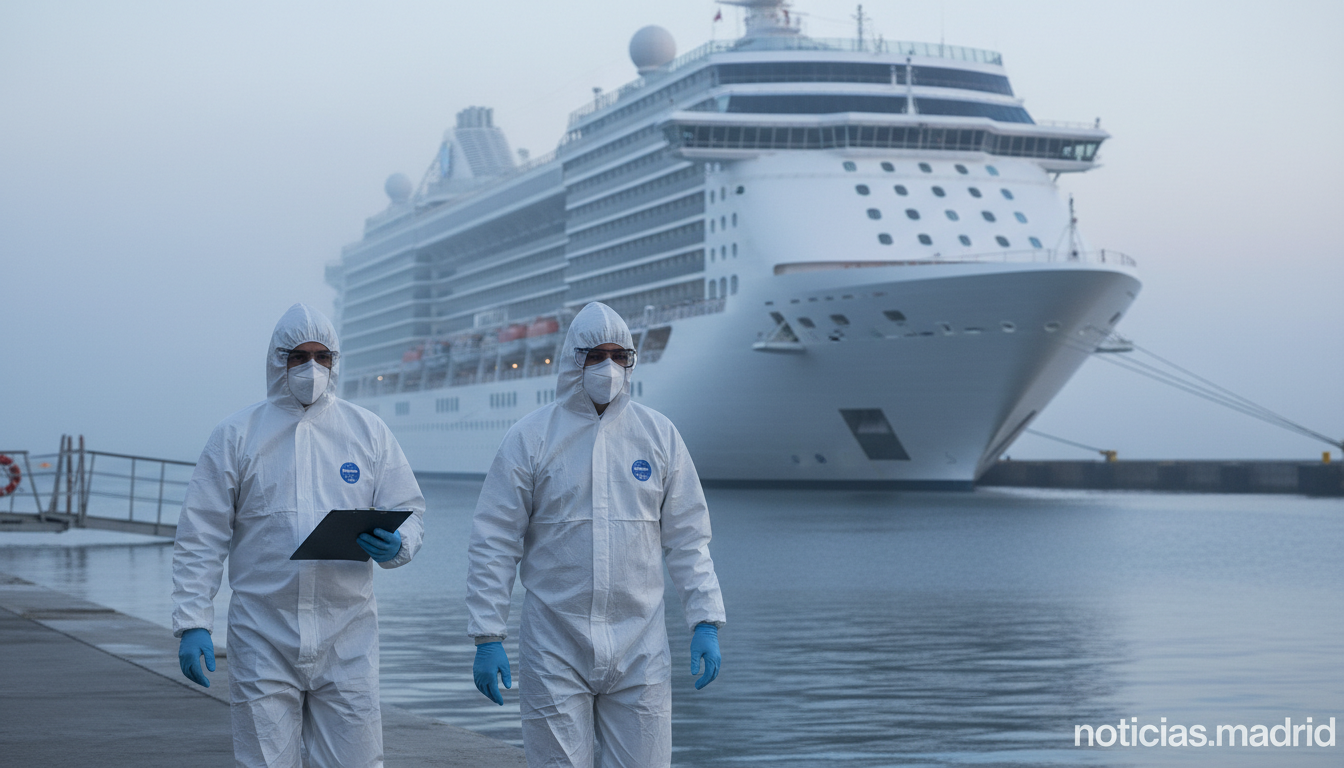 Realistic editorial photograph of a large white cruise ship docked at port at dawn, soft mist over the water, in the foreg...