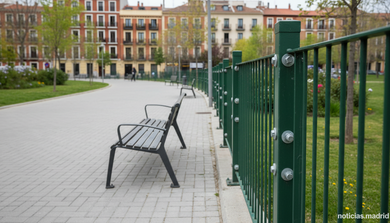 Realistic editorial photograph of a public urban park in Madrid showing a metal park bench and a green metal fence with st...