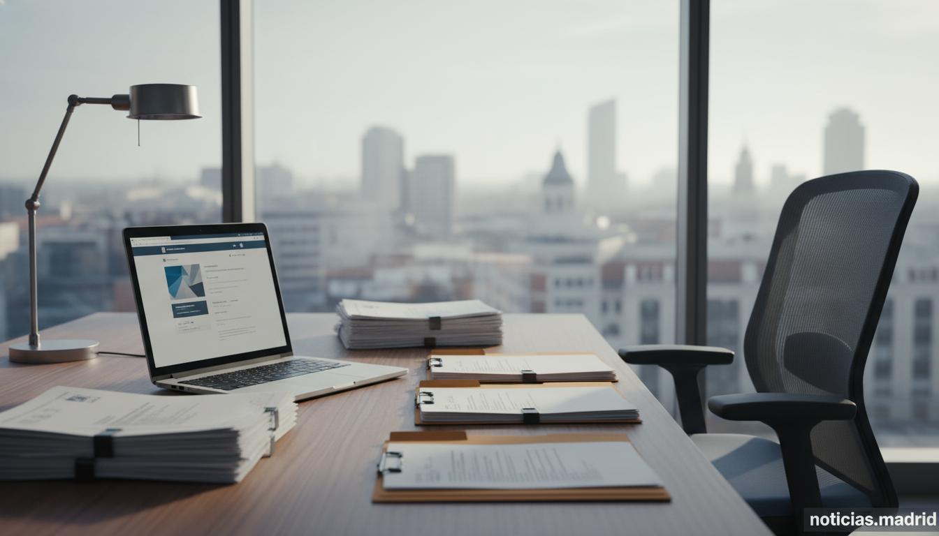 Realistic editorial photograph of a Spanish public administration office workspace. Wide wooden desk with neatly arranged ...