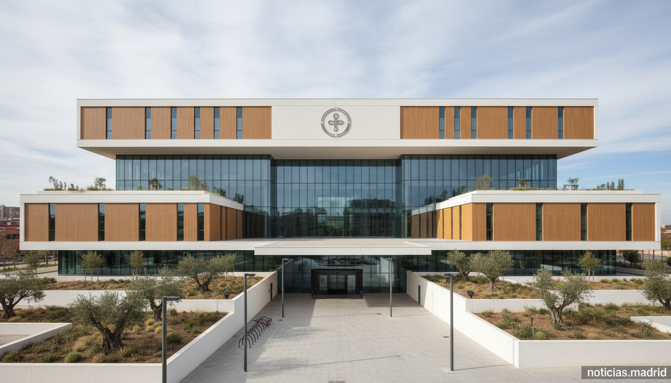 Spanish hospital building exterior with modern architecture, public health system concept, institutional photography style...