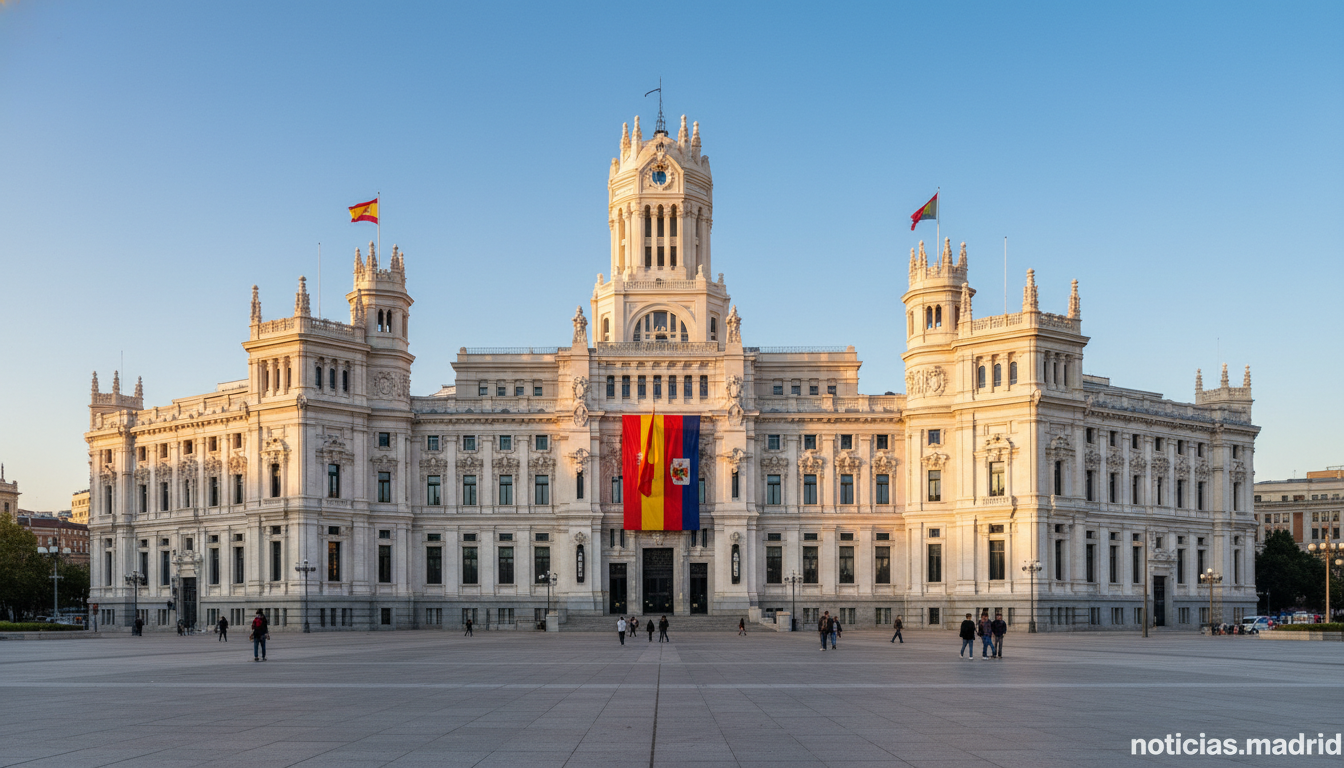 Wide view of a grand neoclassical city hall building in Madrid Spain, white stone facade with ornate carved details and de...