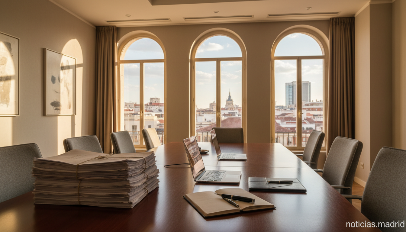 Sala de reuniones de un despacho mercantil en Madrid con contratos sobre la mesa