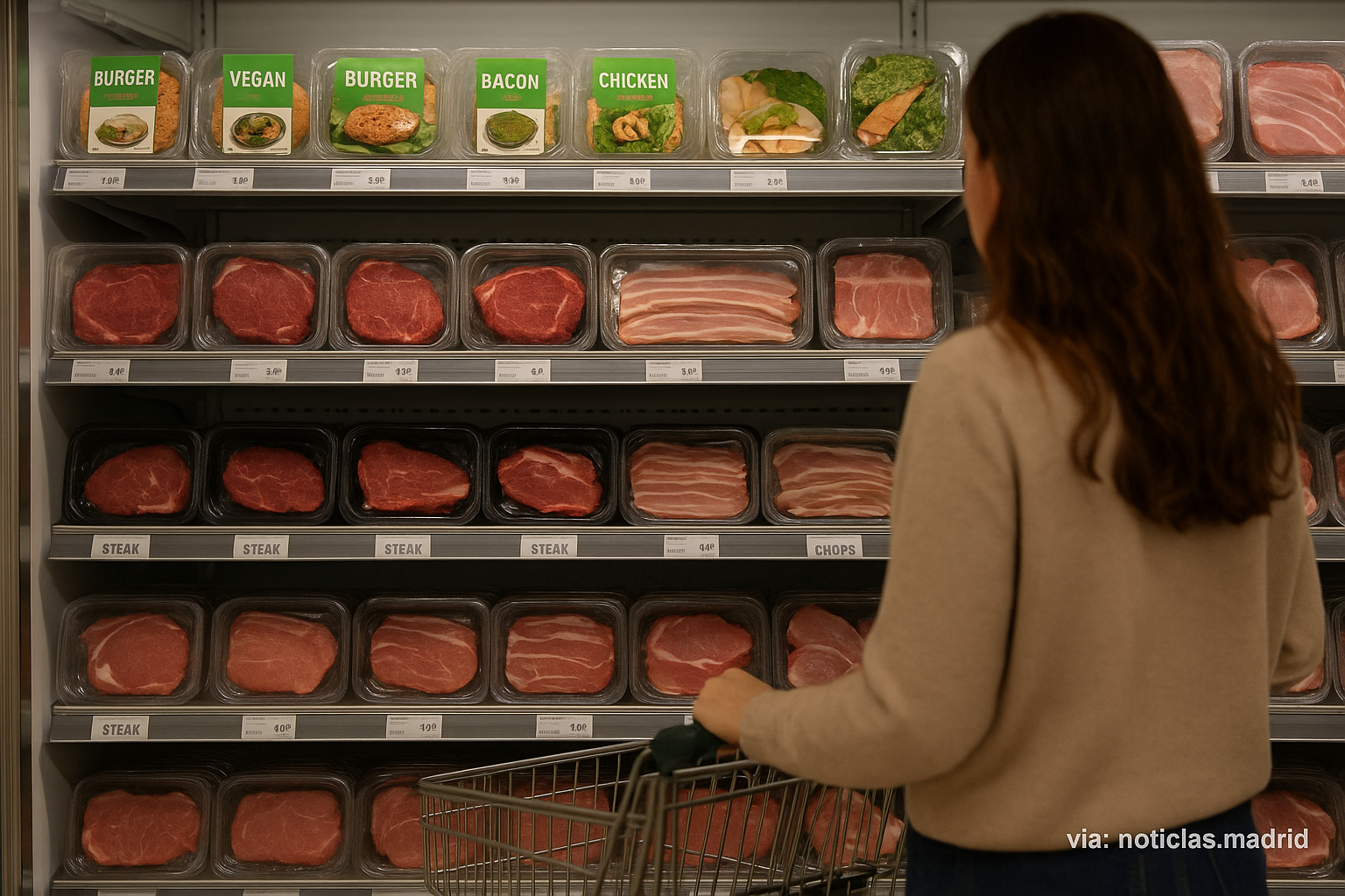 Composición fotográfica de una hamburguesa vegana junto con una imagen del interior del Parlamento Europeo