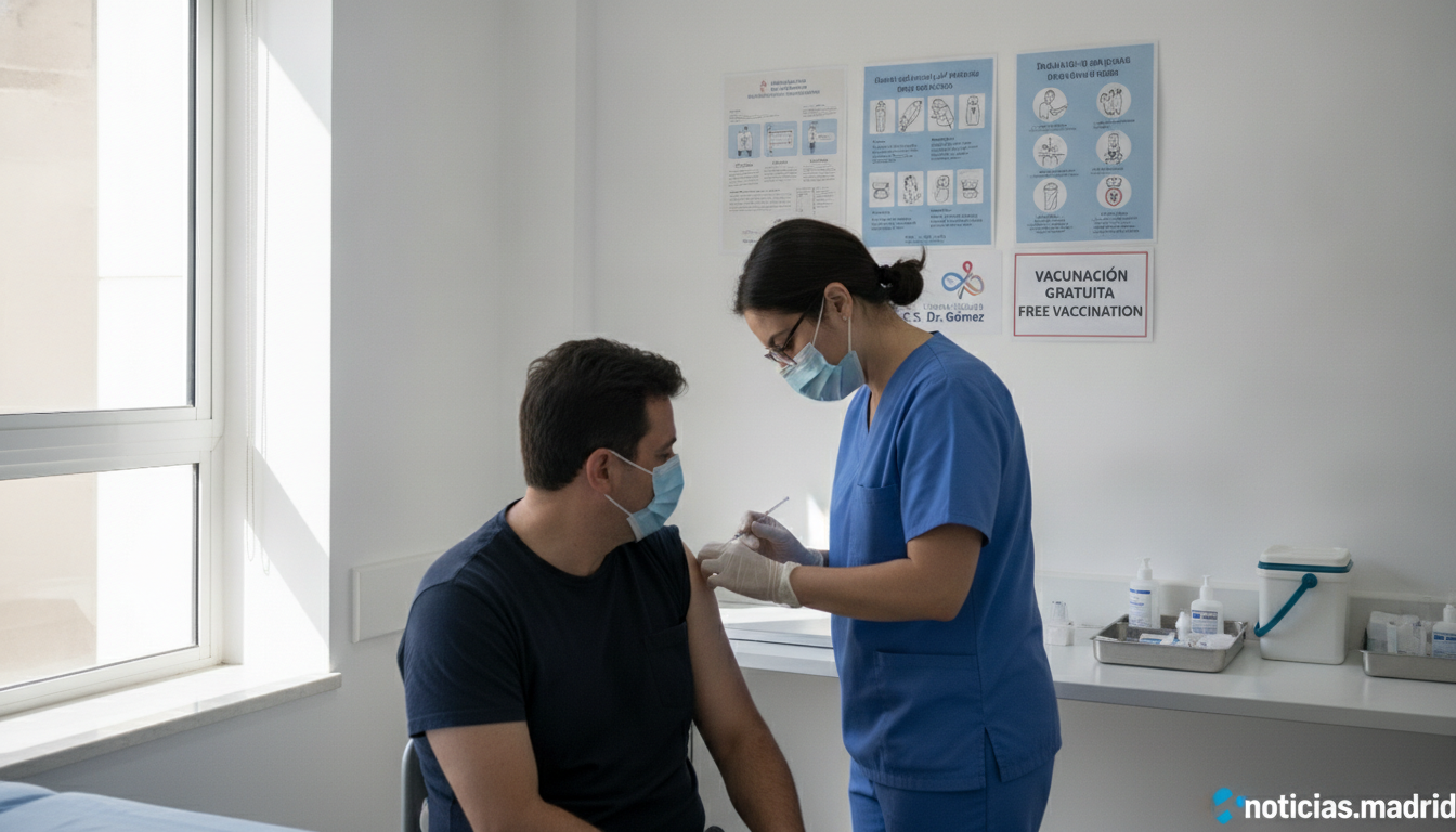 A healthcare in a Spanish public health clinic administers a vaccine to a person. Clean, bright medical environment with p...