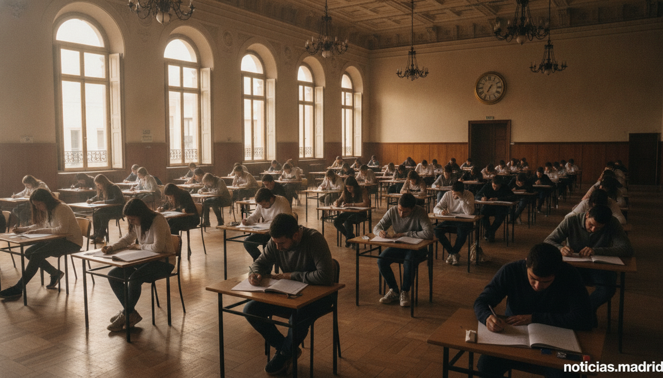 A large examination hall in a Spanish public school in Madrid, rows of individual desks with candidates seated, taking wri...