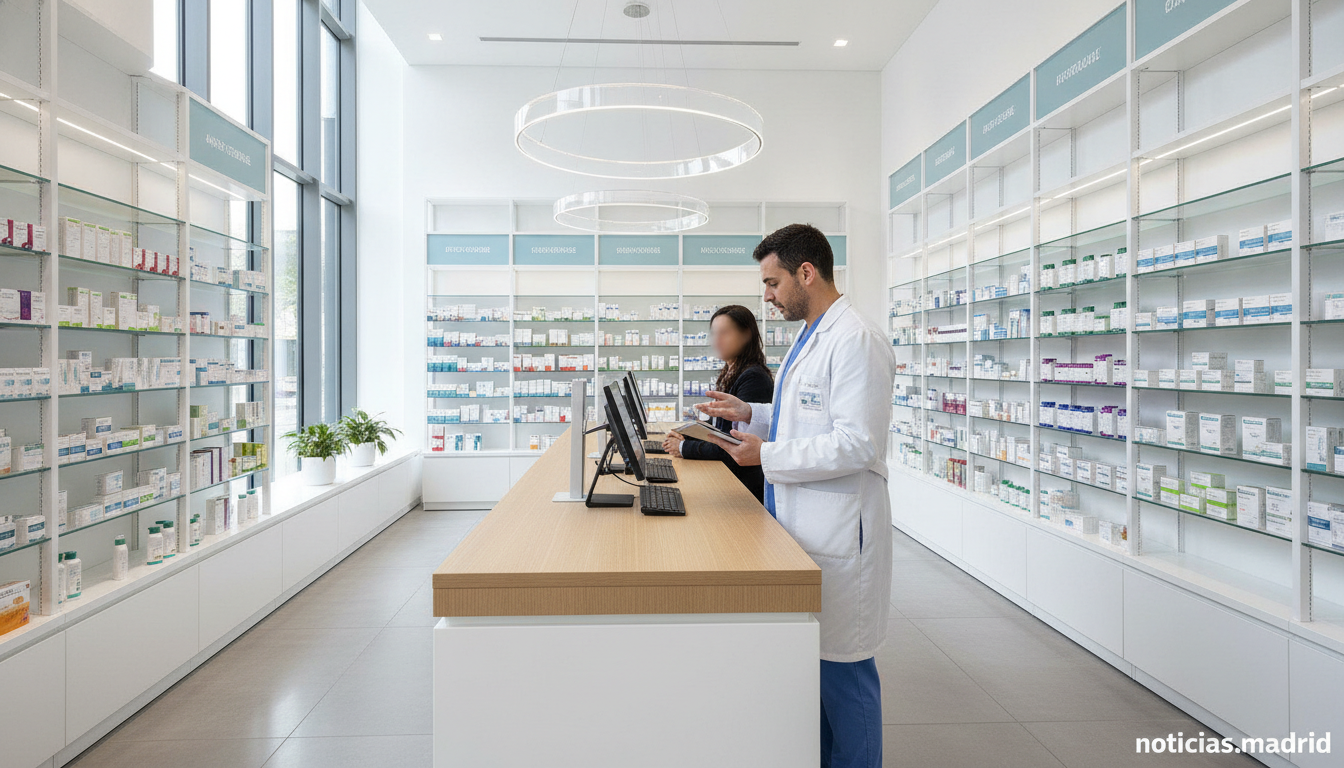 A modern hospital pharmacy interior with shelves of medicine bottles and blister packs, a pharmacist in a white coat consu...