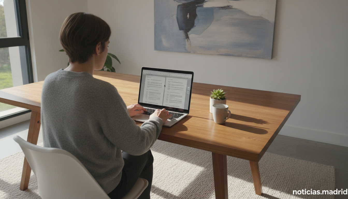 A person working at a laptop in a modern home office, browser screen visible showing document editing interface with PDF p...