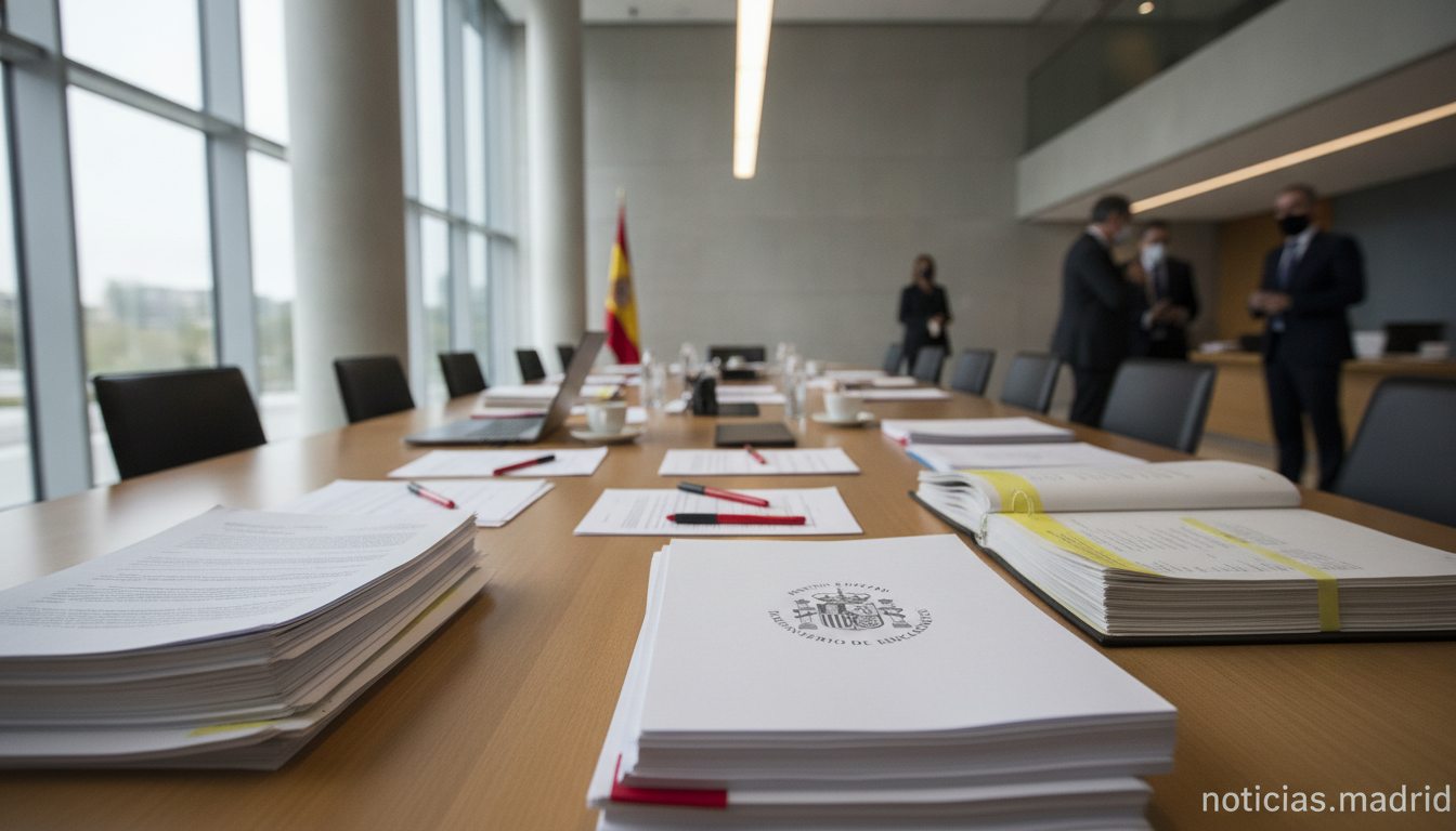 A scene in a modern Spanish Ministry of Education building: official document correction papers on a desk, government seal...