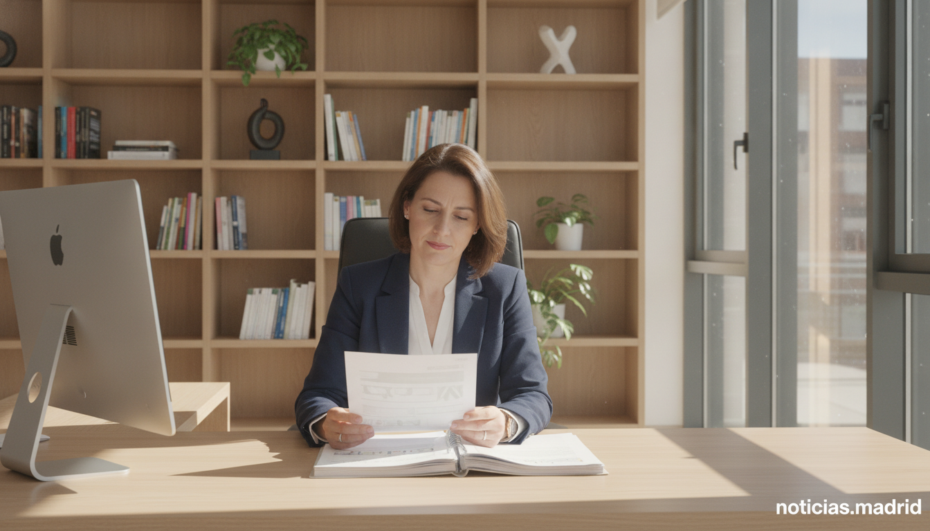 A school director at their desk in a modern Spanish school office, reviewing documents with a calm and focused expression,...
