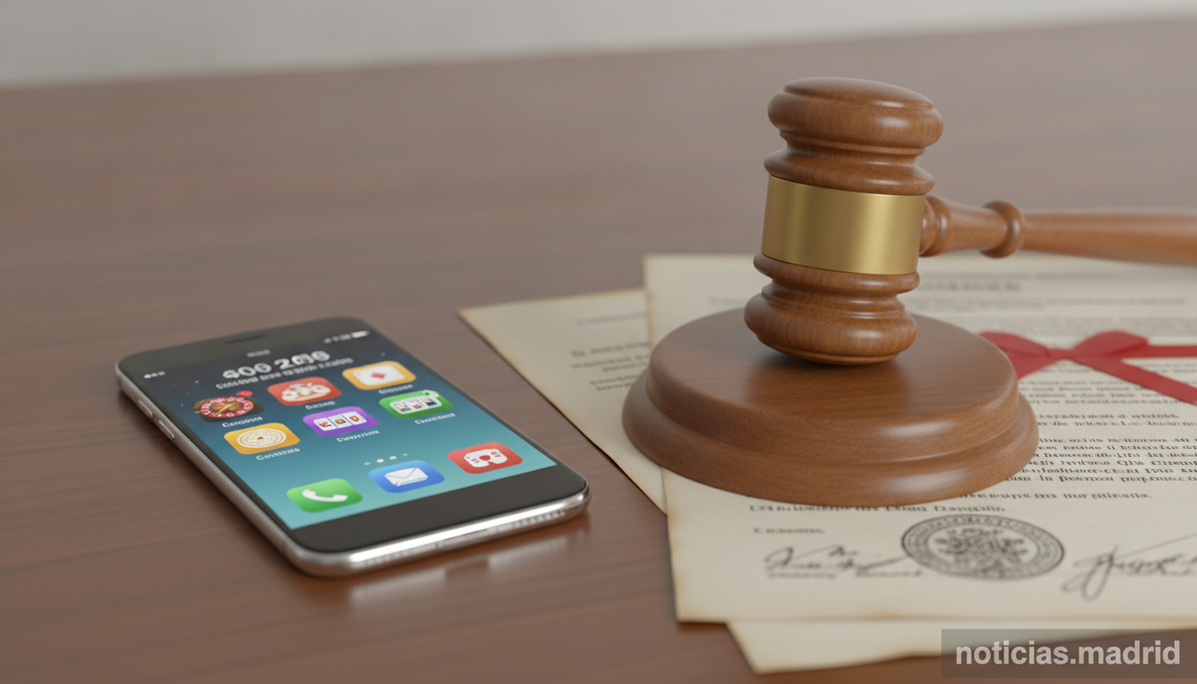 A smartphone showing online casino app icons on screen, placed on a desk next to a gavel and legal documents, conceptual i...