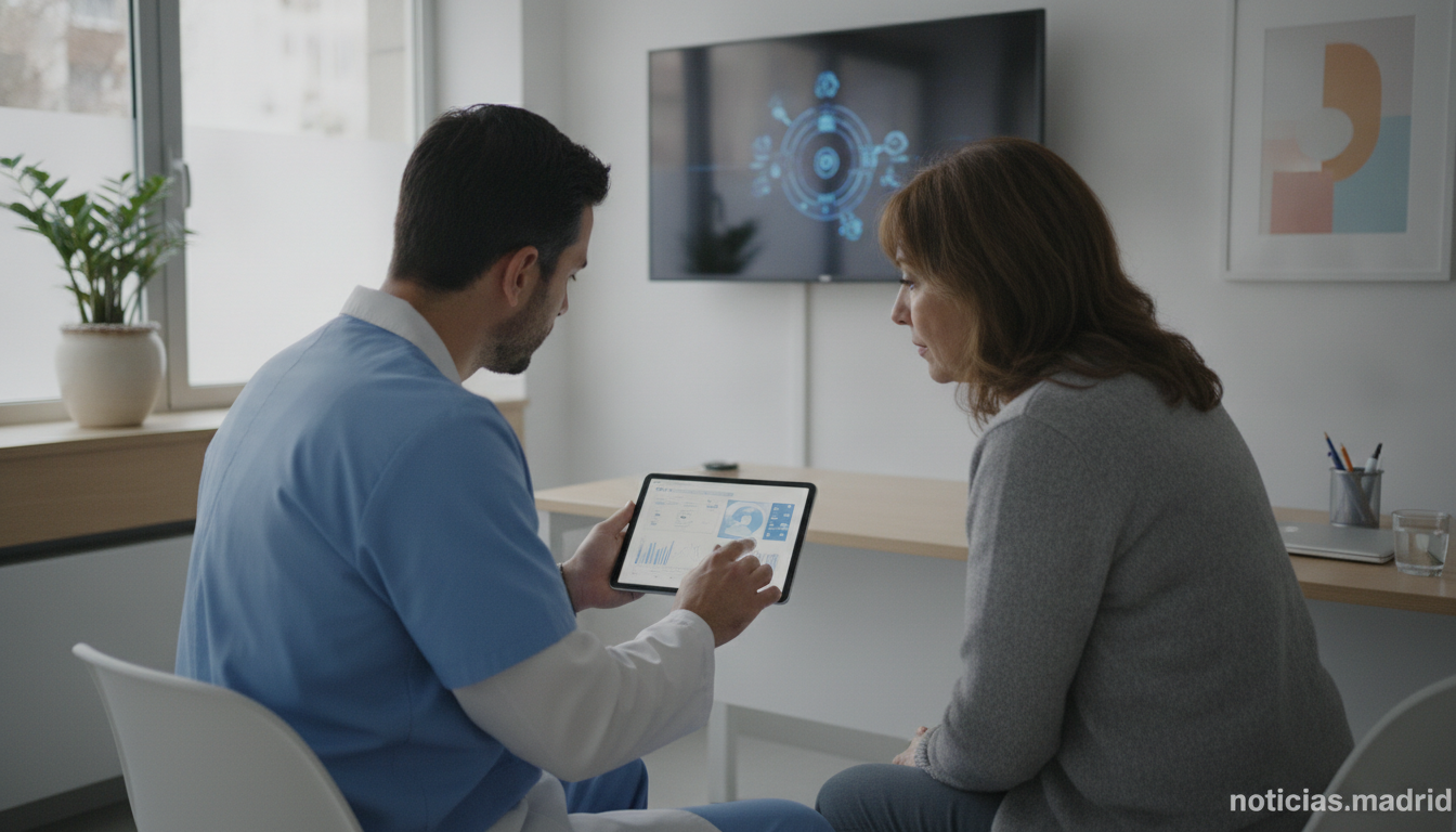 A Spanish doctor consulting with a middle-aged woman patient in a modern clinic, reviewing cancer screening results on a t...