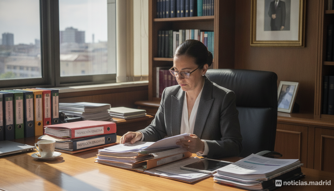 A Spanish government official reviewing documents at a desk in an educational inspection office, papers and files organize...