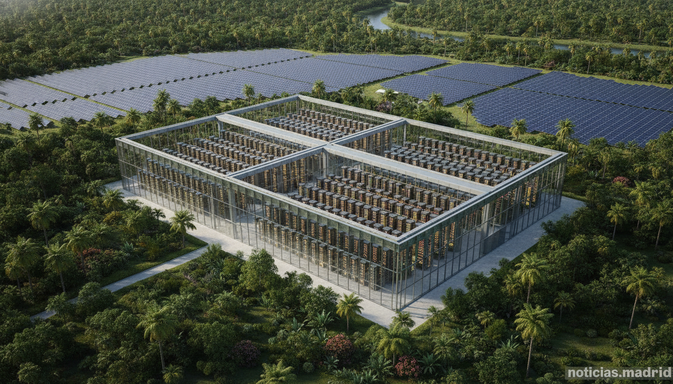 Centro de datos moderno en Latinoamérica con energías renovables y vegetación tropical