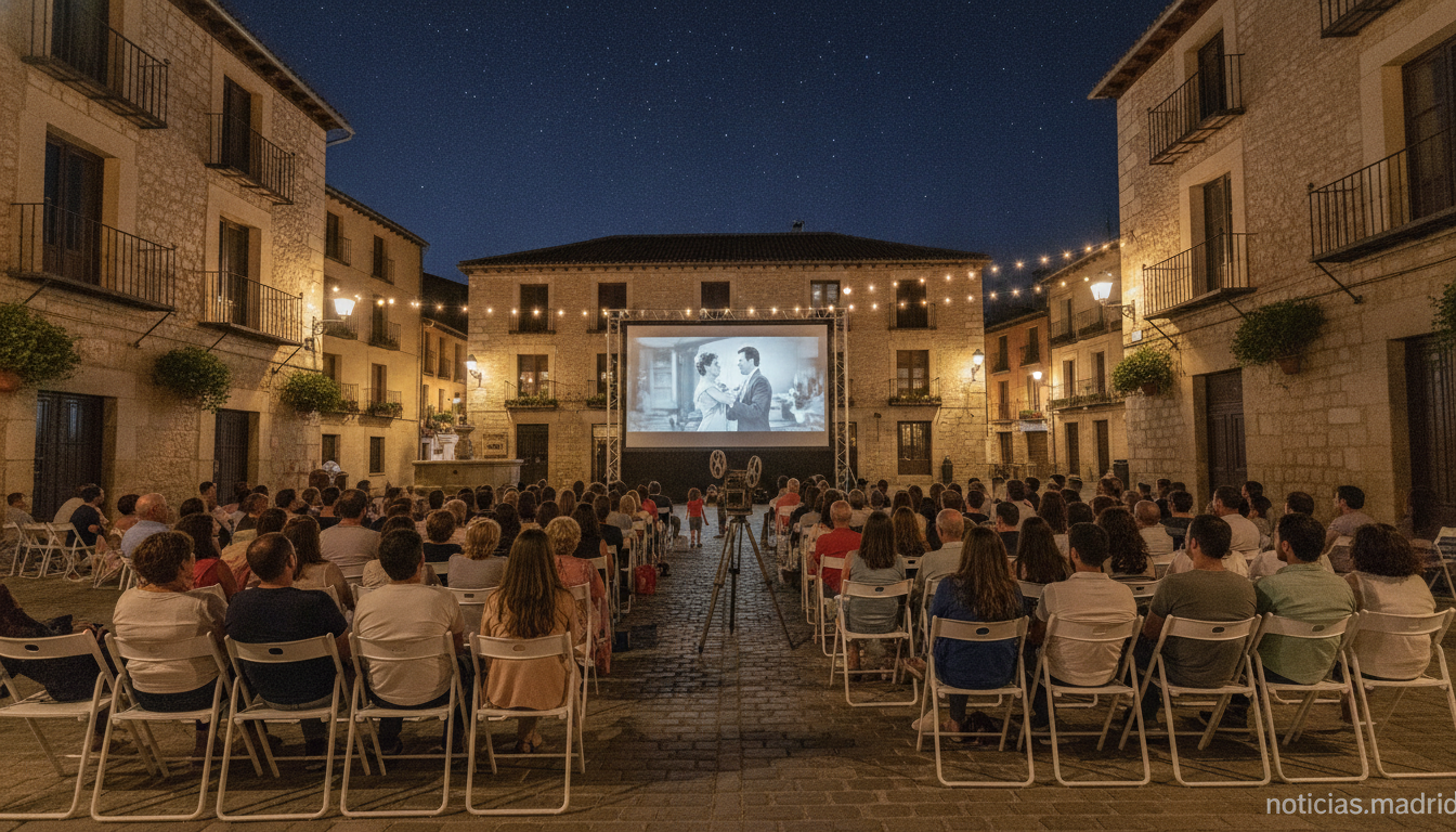 An outdoor summer cinema screening in a Spanish town square at night: chairs set up, projector screen, crowd of families a...