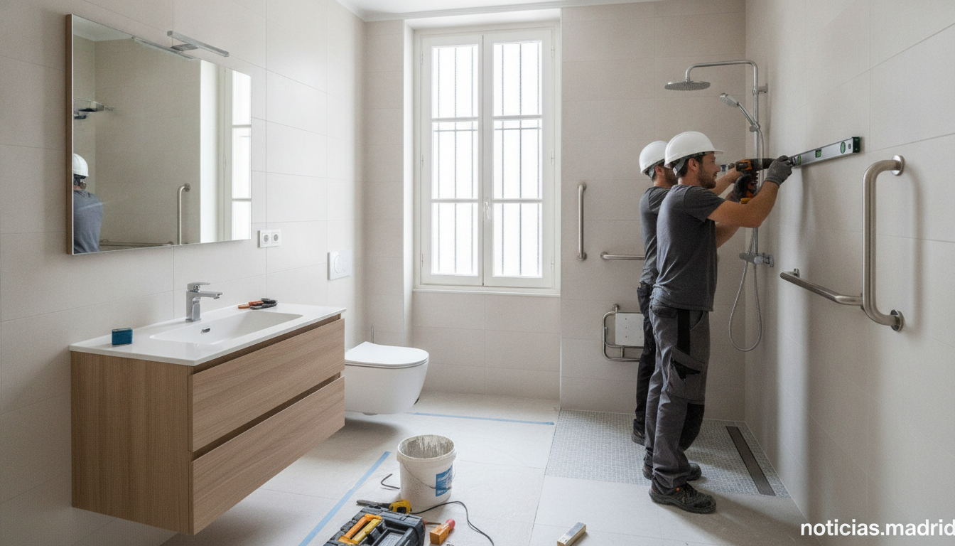 Bathroom renovation showing an accessible shower installation with grab rails replacing a bathtub, clean modern bathroom i...