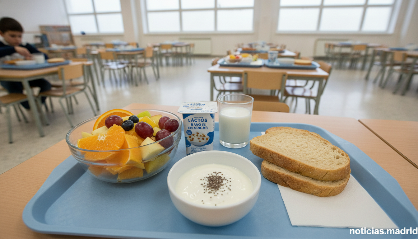 Healthy school breakfast scene in a Spanish elementary school cafeteria: fresh fruit, whole grain bread, low-sugar dairy p...