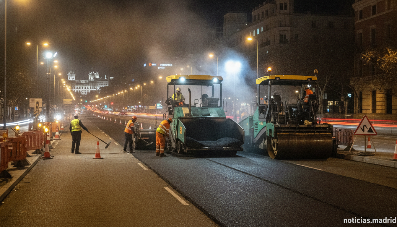 Night roadworks in Madrid city streets, asphalt paving machines and workers in reflective vests working under artificial l...
