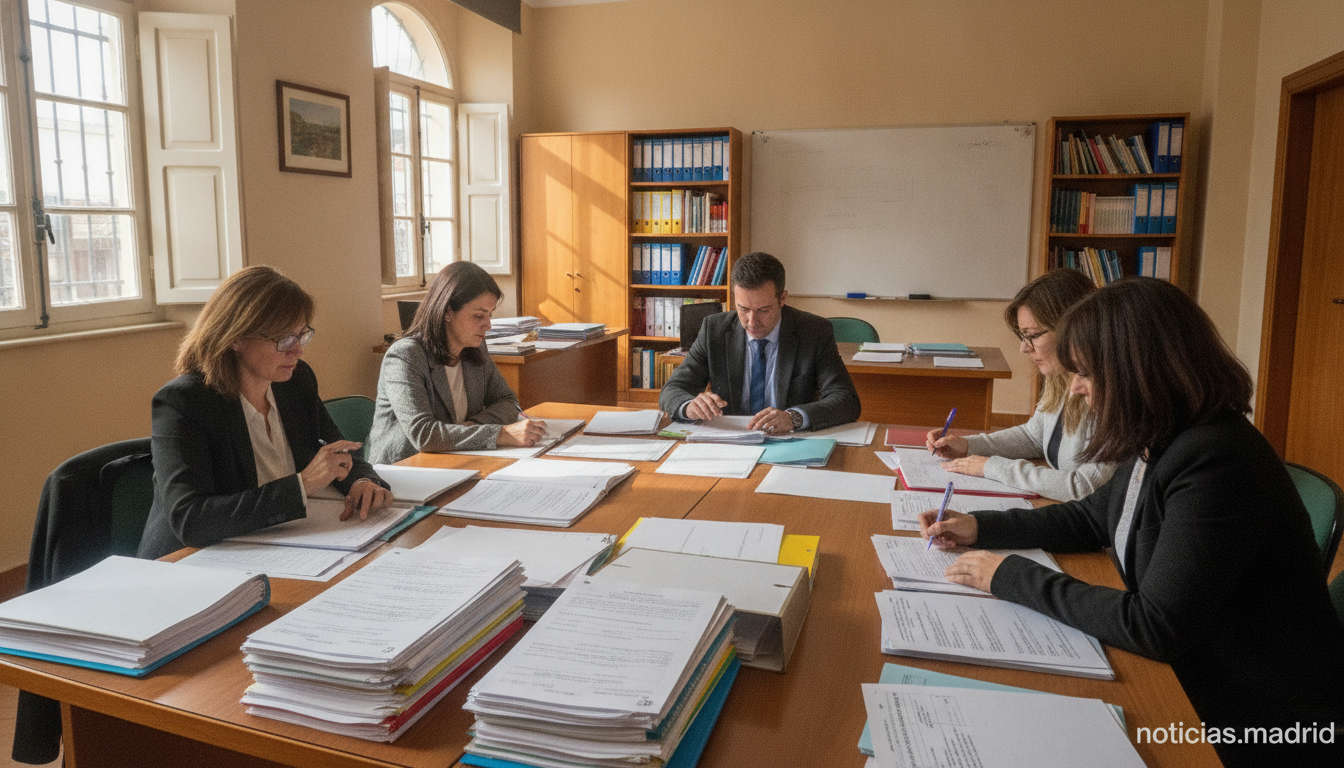 Spanish secondary school teachers reviewing documents and forms in an administrative office setting, environment, realisti...