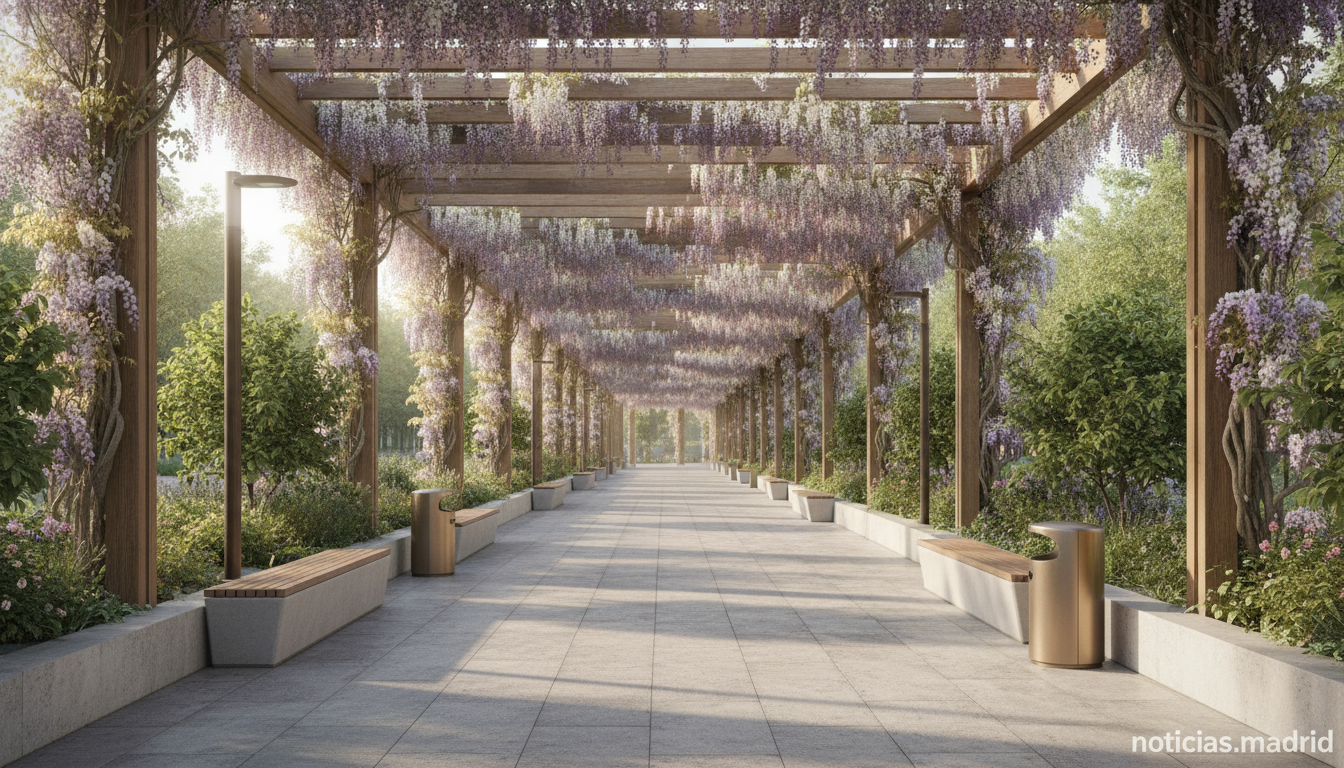 Street-level view of a renovated urban boulevard in Spain with wooden pergolas covered in climbing wisteria plants, green ...